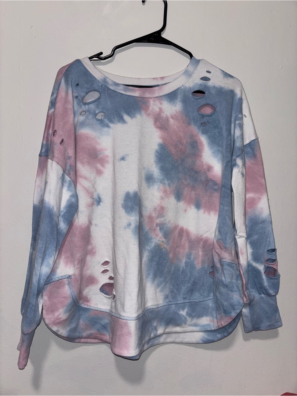 Distressed Tie-Dye Pullover Sweatshirt - Blue & Pink